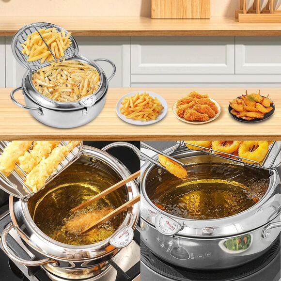 Deep Fryer Pot,  9 inch Stainless Steel W/ Thermometer & Lid, Deep Frying Pan - Picture 5 of 6